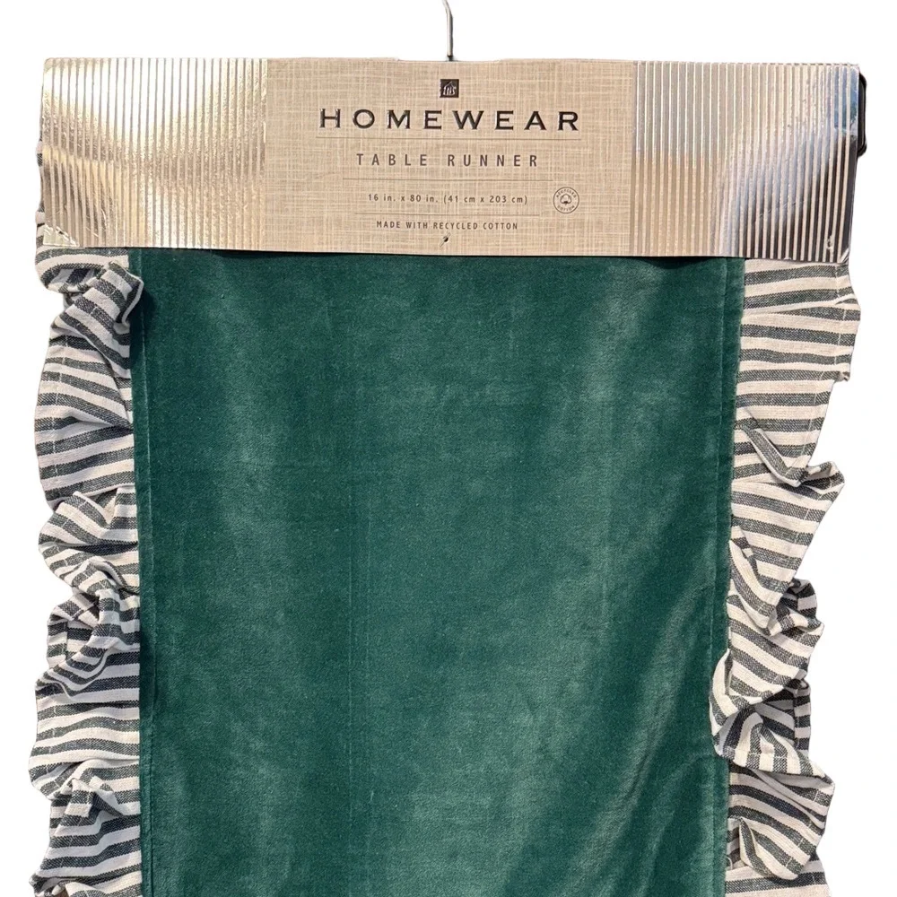 Homewear Velvet Green Table Runner with Striped Ruffle NWT